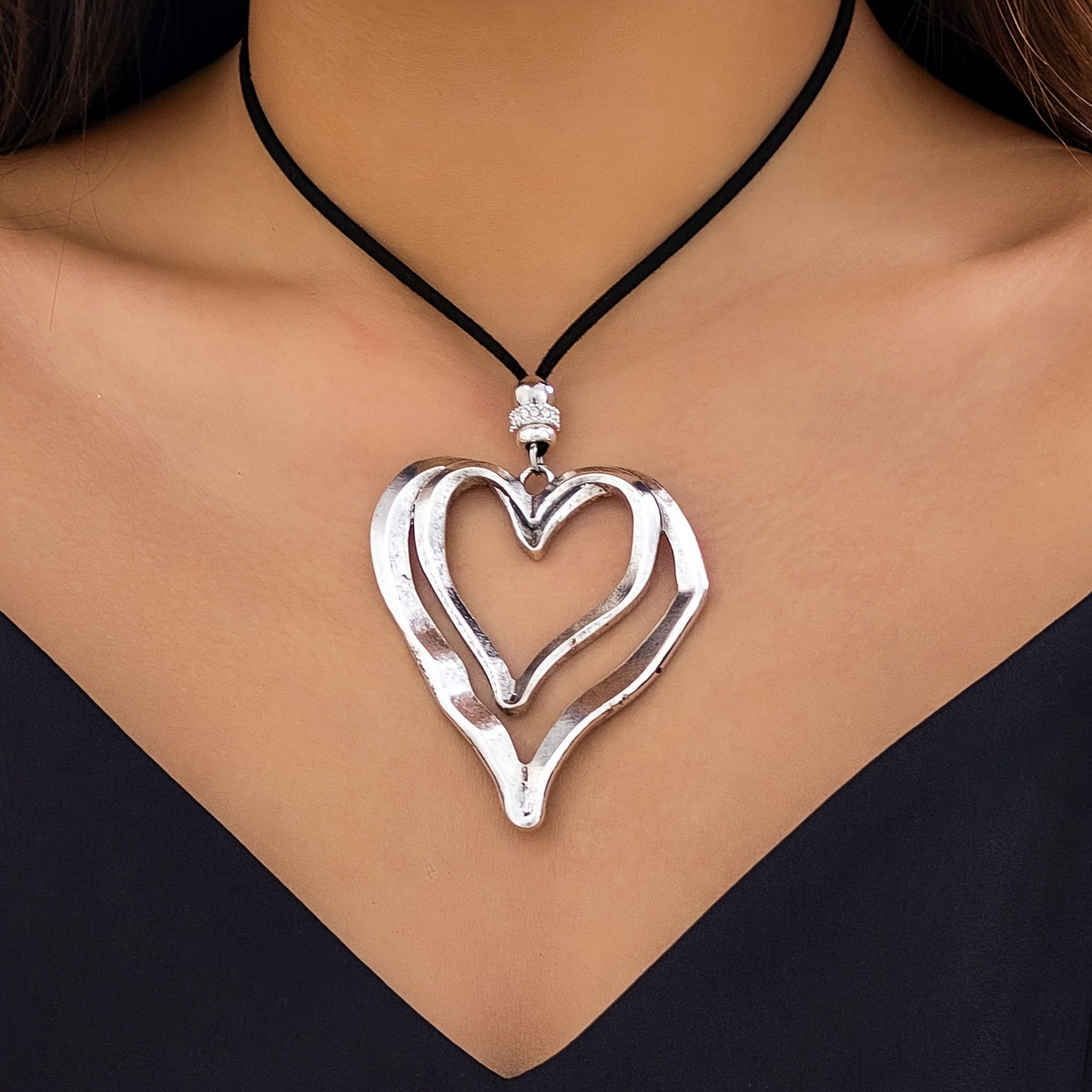 Glamorous Exaggerated Double Heart Necklace  Romantic Big Love Symbol in Luxurious Velvet Finish  Effortlessly Adjustable for a Perfect Fit