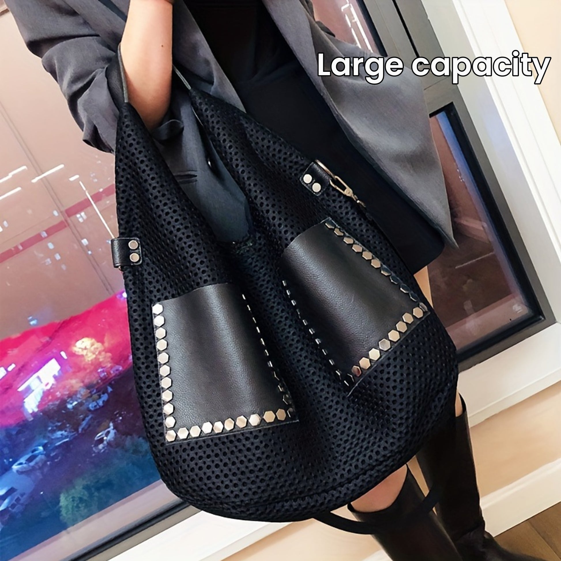 Retro Mesh Tote Bag Large Capacity Shoulder Bag Punk Style Rivet Hobo Bag For Women