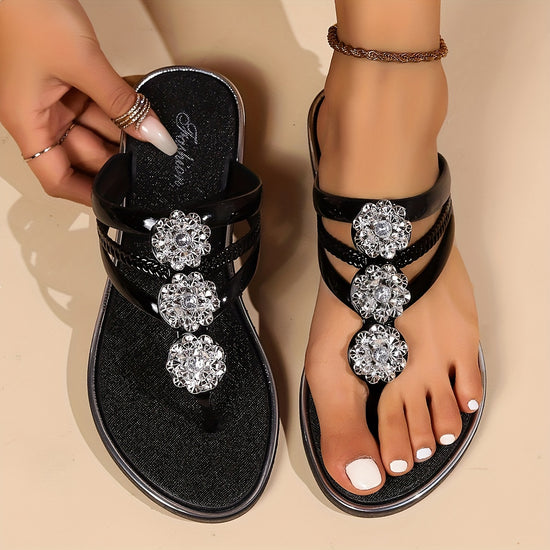 Womens Flower Rhinestone Flip Flops Fashion Clip Toe Slip On Flat Slide Shoes Casual Outdoor Beach Slides