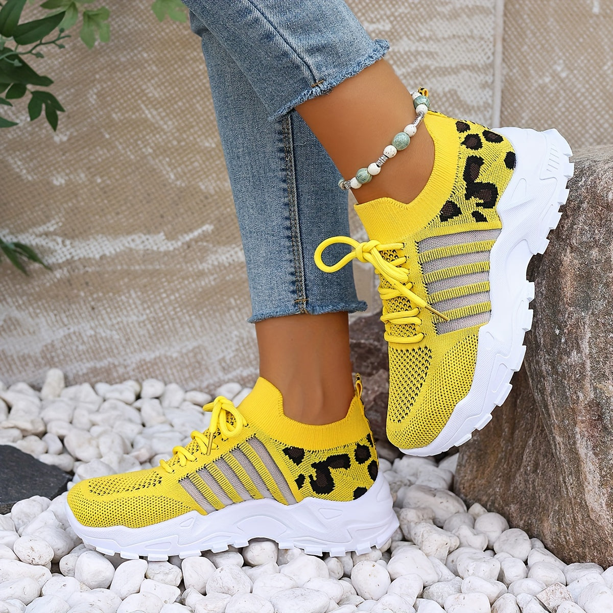 Womens Casual Sports Shoes Flying Woven Leopard Print Breathable Laceup Running Shoes Comfortable Platform Shoes