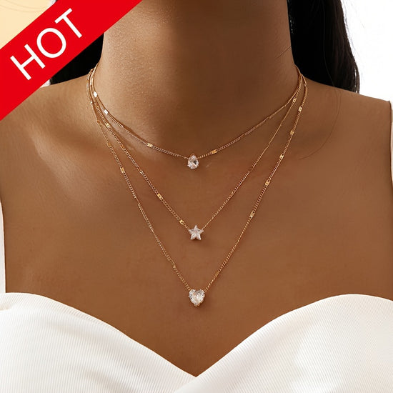 Crystal Zirconia Heart Star Charm Layered Pendant Necklace Set For Women Rhinestone Modern Design Jewelry for eid ramadan
